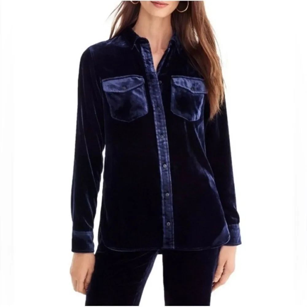 J. Crew Navy Blue Velvety Velour Button Up Pocket Chest Long Sleeve Shirt